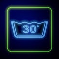 Glowing neon Washing under 30 degrees celsius icon isolated on blue background. Temperature wash. Vector