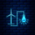 Glowing neon Wind mill turbine generating power energy and glowing light bulb icon isolated on brick wall background