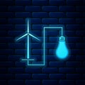 Glowing neon Wind mill turbine generating power energy and light bulb icon isolated on brick wall background