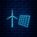 Glowing neon Wind mill turbines generating electricity and solar panel icon isolated on brick wall background. Energy