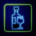 Glowing neon Wine bottle with glass icon isolated on blue background. Vector Royalty Free Stock Photo