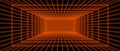 Glowing neon wireframe room floors ceiling, wall background. Red grid room in perspective. Bright retro futuristic