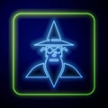 Glowing neon Wizard warlock icon isolated on blue background