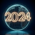 Glowing neon world globe with Happy New Year 2024 on a dark blue background, 3D Rendering, generative ai