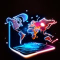 Glowing neon world map on a black background. Vector illustration. Generative AI