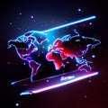Glowing neon world map on a dark background. Vector illustration. Generative AI