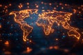 Glowing neon world map displayed with bright connections and data points across the globe Royalty Free Stock Photo
