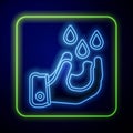 Glowing neon Wudhu icon isolated on blue background. Muslim man doing ablution. Vector