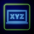 Glowing neon XYZ Coordinate system on chalkboard icon isolated on blue background. XYZ axis for graph statistics display Royalty Free Stock Photo