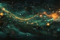 Glowing network of data streams and nodes on a dark background, representing AI and big data. Royalty Free Stock Photo
