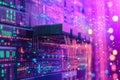 Glowing network grid with colorful Ethernet cables connected to servers representing secure data transmission high speed commun