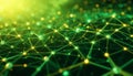 Glowing network of interconnected lines and nodes on a dark background, neon green technology mesh. Royalty Free Stock Photo