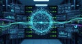 Glowing network node with data visualization screens in a digital server room environment blue Royalty Free Stock Photo