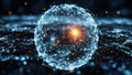Glowing network sphere with interconnected nodes and bright central light in a dark digital space Royalty Free Stock Photo