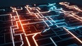 glowing network transmission grid with optical pathways creates conceptual data flow, evoking cyberpunk feel. vibrant colors
