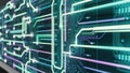 glowing network transmission grid with optical pathways illustrates conceptual data flow, evoking cyberpunk feel