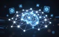 Glowing neural network brain connected to digital icons Royalty Free Stock Photo