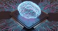 Glowing neural network brain over detailed microchip circuitry symbolizing artificial intelligence Royalty Free Stock Photo