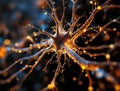 Glowing neural network connection: close-up of brain neuron synapse with vibrant bioluminescent details