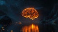 A glowing neural network representation of a brain floating against a dark futuristic background at night Royalty Free Stock Photo
