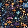 Glowing Night Mushrooms Art Seamless Pattern Colorful Digital Background Artwork Design - ai generated