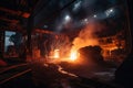 Glowing night view of a large steel mill with fiery sparks and molten metal pouring\