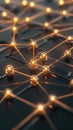 Glowing nodes connect on dark surface. Linked shiny spheres form complex structure representing neural networks with light rays Royalty Free Stock Photo