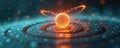 Glowing nucleus orb with orbiting energy particles. Abstract atomic structure in dark space with bokeh lights. Cosmic science Royalty Free Stock Photo