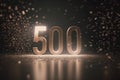 Glowing number 500 on dark background with sporlight and confetti