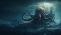 Glowing octopus tentacles spiral in dark underwater depths generated by AI