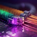 Glowing optical fiber cable or wire, fibre optics future technologies. Speed internet connection, network communication Royalty Free Stock Photo