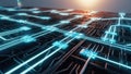 Glowing optical pathways create network transmission grid, illustrating conceptual data flow with cyberpunk feel. vibrant lines