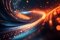 Glowing orange and black data cables twisting through a dark background representing fast data transmission advanced networking