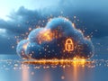 Glowing orange and blue cloud icon floating over a misty digital cityscape, symbolizing secure urban technology, advanced cloud