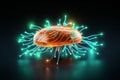 a glowing orange brain with blue and green lights on it\'s sides and a black background, bioluminescence, computer rendering