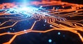 Abstract close up of glowing orange and blue circuit board traces simulating digital data flow and advanced technology processing Royalty Free Stock Photo