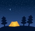 Glowing orange camping tent among fir trees at night, under clear skies with moon and stars, vector