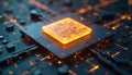 Glowing orange central processor on dark circuit board. Digital abstract network background with bright light elements. Modern Royalty Free Stock Photo