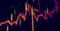 Glowing orange chart line oscillating on digital interface, with yellow arrow and data labels Royalty Free Stock Photo