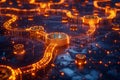 A glowing orange circuit board with a Bitcoin symbol in the center