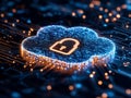 Glowing orange cloud security icon surrounded by shimmering digital particles, symbolizing high tech data safety, secure virtua