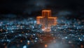 a glowing orange cross symbol floating above an array of blue digital connections, representing the concept of medical technology Royalty Free Stock Photo