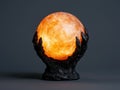 Glowing orange crystal ball in dark hands sculpture Royalty Free Stock Photo