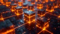 Glowing Orange Cubes Connected by Lines on a Dark Digital Grid abstract technology Royalty Free Stock Photo
