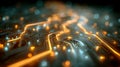 Circuit board glowing orange and blue lights data flow technology abstract background digital electronic microchip Royalty Free Stock Photo