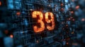 Glowing Orange Digital Number 39 on Futuristic Abstract Technological Background, 3D Render Royalty Free Stock Photo