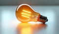 Glowing orange incandescent light bulb with metallic base rests on reflective surface casting warm light. Symbolizes bright Royalty Free Stock Photo