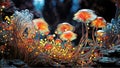 Glowing orange mushrooms in a dark forest setting, creating depth and contrast., generative ai