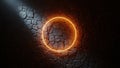 Glowing orange neon circle on a rough stone wall illuminated by dramatic lighting Royalty Free Stock Photo