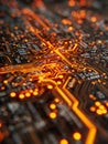 Glowing orange pathways on a futuristic printed circuit board symbolizing advanced technology and electronic connectivity in a Royalty Free Stock Photo